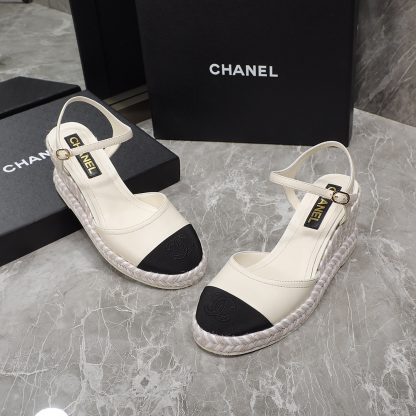 Chanel beige contrast color hemp rope wedge heel fashionable sandals heel height 7cm - Image 3