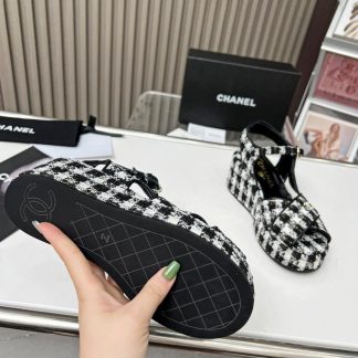 Chanel black and white platform wedge-heeled thick-soled summer sandals