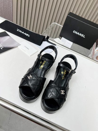 Chanel black platform wedge heel thick-soled summer sandals - Image 2