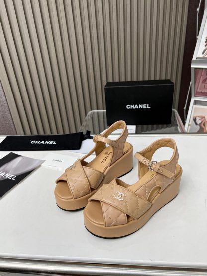 Chanel apricot platform wedge-heeled thick-soled summer sandals