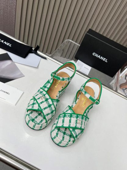 Chanel green and white platform wedge heel thick-soled summer sandals - Image 2