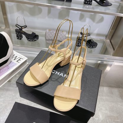Chanel Early Spring Small Round Toe Slimming and Heightening Apricot Block Heel Sandals Heel Height 4.5cm - Image 3