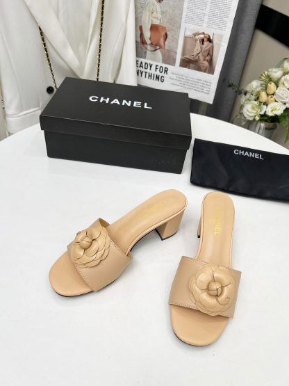 Chanel Apricot Custom Printed Fabric Lambskin Sandals - Image 3