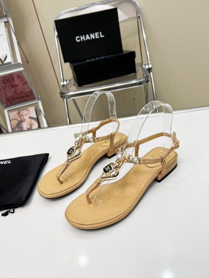 Chanel Pearl Heart Elegant Apricot Sandals Heel Height 3cm - Image 2