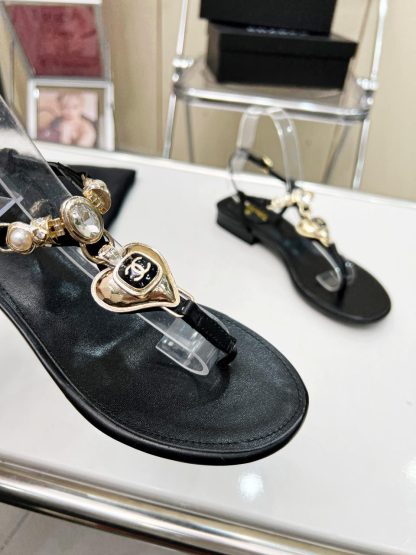 Chanel Pearl Heart Elegant Black Sandals Heel Height 3cm