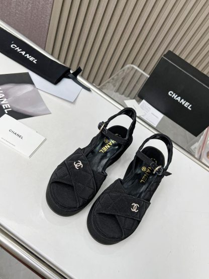 Chanel Black Matte Platform Wedge Heel Thick-soled Summer Sandals