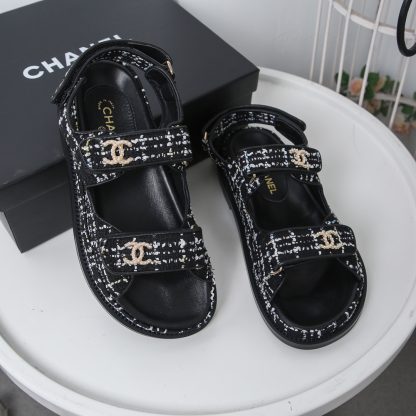 Chanel Temperament Denim Black and White Mixed Color Sandals - Image 3