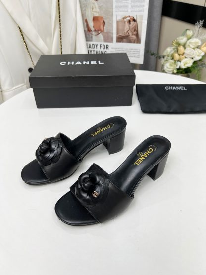 Chanel New Camellia Black Fabric Lambskin Sandals - Image 3