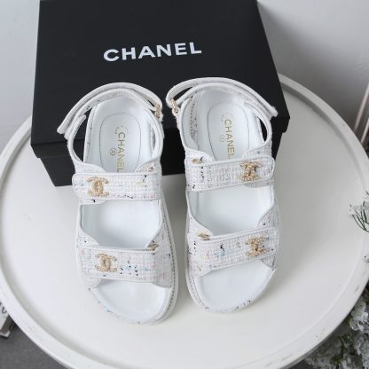 Chanel White Check Design Classic Velcro Sandals - Image 3
