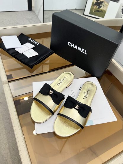 Chanel Spring and Summer Gold with Cute Bow Flat Sandals - Image 2