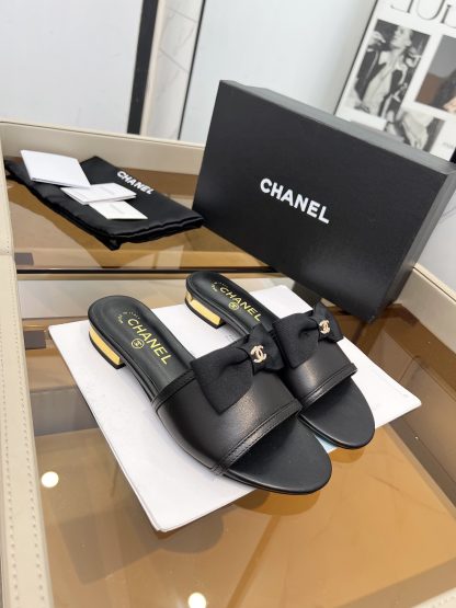 Chanel Spring and Summer Black with Cute Bow Flat Sandals - Image 2