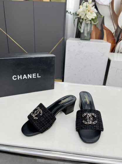 Chanel 2025 new black fabric sheepskin thick heel sandals - Image 3
