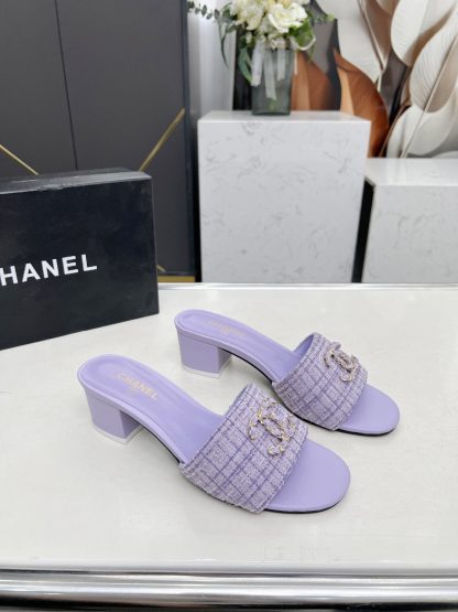 Chanel 2025 new purple fabric sheepskin thick heel sandals - Image 3