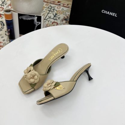Chanel Spring and Summer Dancing Shoes Series Apricot Small Square Toe Camellia Stiletto Fashion Sandals - Image 3