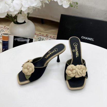 Chanel Spring and Summer Dancing Shoes Series Black Small Square Toe Camellia Stiletto Fashion Sandals - Image 3