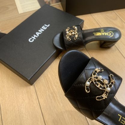 Chanel's new black spring and summer style celebrity temperament durable thick heel sandals heel height 4.5cm - Image 3