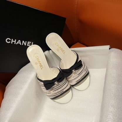 Chanel beige new bow thick heel sandals heel height 4.5cm - Image 3
