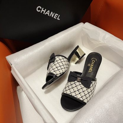 Chanel black and white new bow thick heel sandals heel height 4.5cm - Image 3