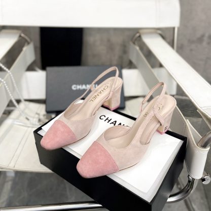 Chanel thick heel square toe color matching light pink all-match high heel sandals - Image 3