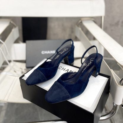 Chanel thick heel square toe color matching dark blue all-match high heel sandals - Image 3