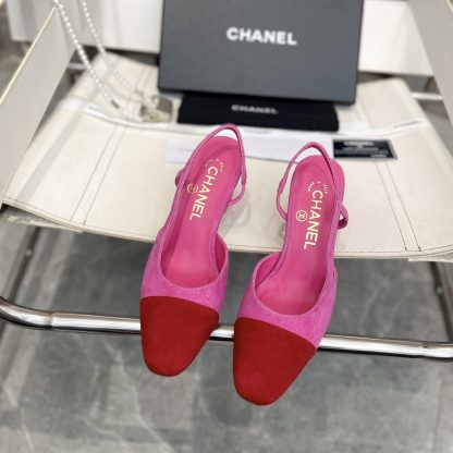 Chanel thick heel square toe color matching dark pink with red all-match high heel sandals - Image 3