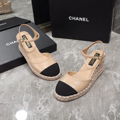 Chanel apricot hemp rope contrast color outsole wedge heel fashionable sandals heel height 7cm - Image 3