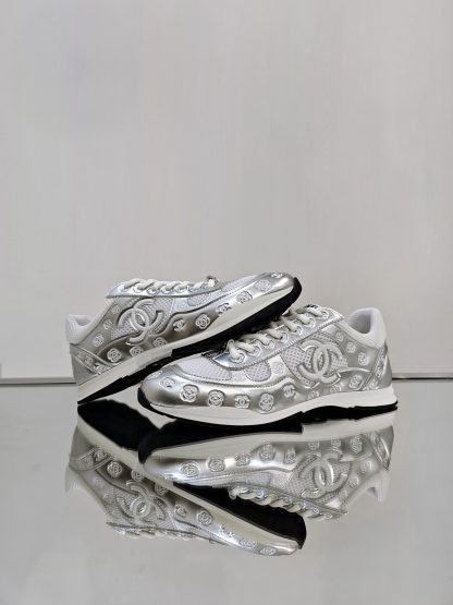 Chanel unisex white and silver diamond-patterned breathable mesh casual shoes - Image 3