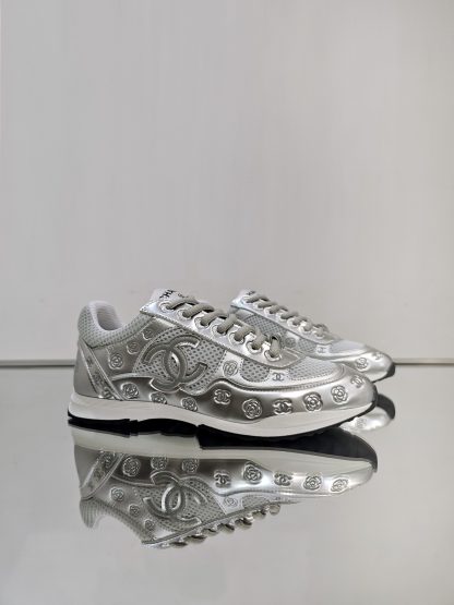 Chanel Unisex Silver Grey Diamond Breathable Mesh Casual Shoes - Image 3