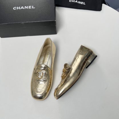 Chanel Early Spring Dance Shoes Series Small Round Toe Slim Gold Loafers - Image 3