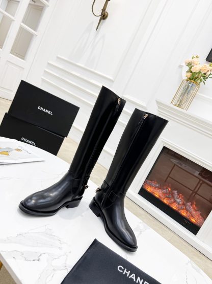 Chanel black new height-enhancing slimming and versatile side zipper high boots with heel height 2.5cm - Image 2