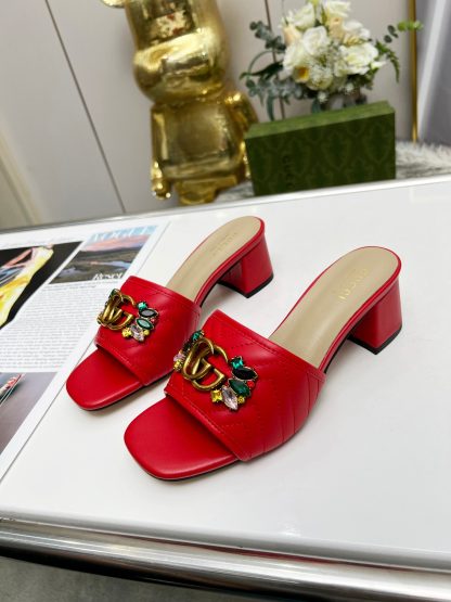 Gucci spring and summer new GG rhinestone buckle round toe thick heel slippers - Image 3