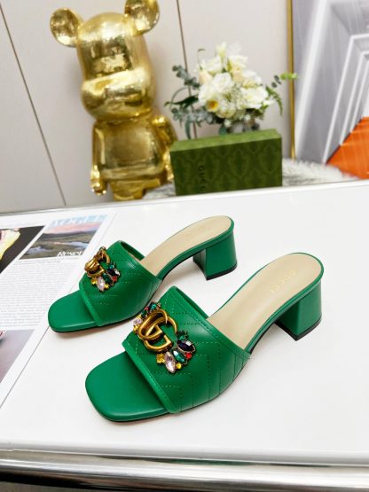 Gucci spring and summer new GG rhinestone buckle round toe thick heel slippers - Image 3