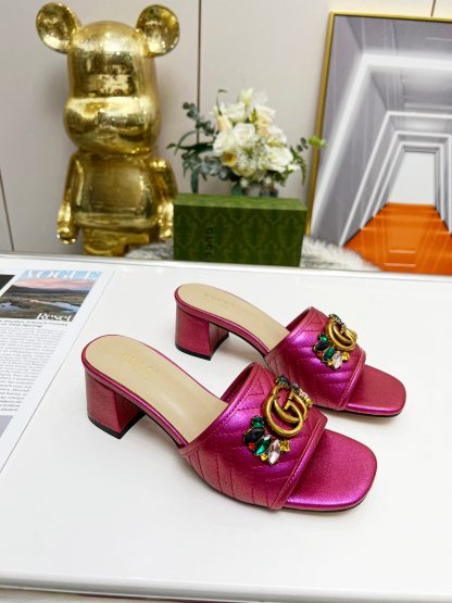 Gucci spring and summer new GG rhinestone buckle round toe thick heel slippers - Image 3