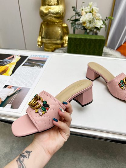 Gucci spring and summer new GG rhinestone buckle round toe thick heel slippers - Image 3