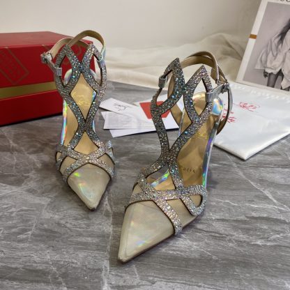 Christian Louboutin Crystal Studded Fine High Heels with Mesh Pointed Toe - Image 3