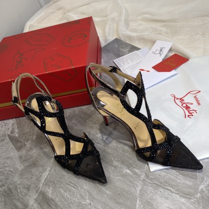 Christian Louboutin Crystal Studded Fine High Heels with Mesh Pointed Toe - Image 3