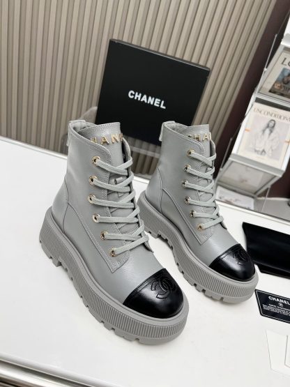 Chanel grey lace-up design non-slip wear-resistant leather boots - Image 3