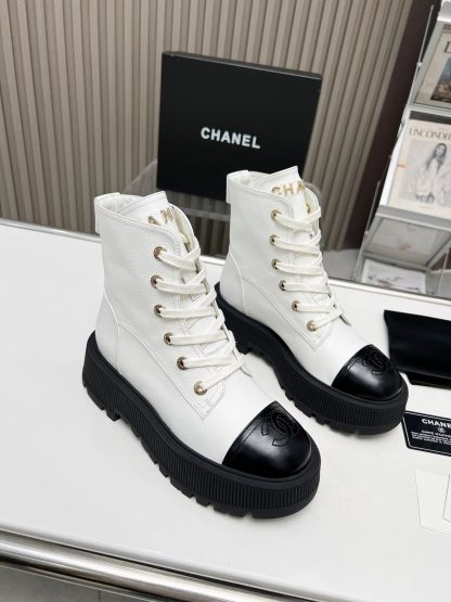 Chanel white lace-up design non-slip wear-resistant leather boots - Image 3