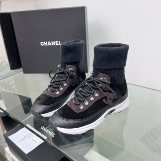 Chanel black and brown mixed socks leather casual sneakers