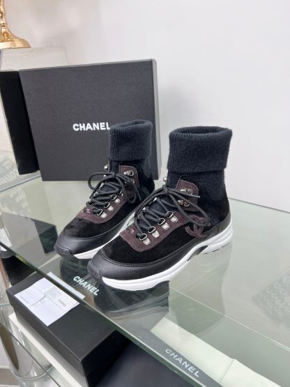 Chanel black and brown mixed socks leather casual sneakers