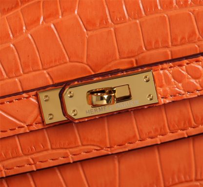 Hermès Orange Mini Second Generation Kelly Crocodile Pattern Crossbody Bag Size: 25cm+9cm+18cm - Image 3