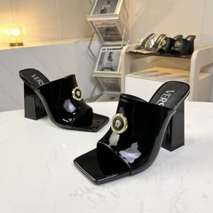 VERSACE shiny patent leather new square toe block heel sandals high heels - Image 3