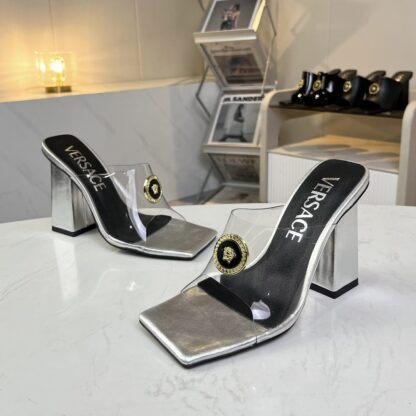 VERSACE new square toe chunky heel sandals high heels - Image 3