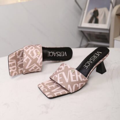 VERSACE New Canvas Jacquard Pattern Open Toe High Heel Mules - Image 3