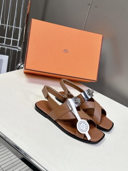 Hermès Spring and Summer Classic Square Toe Brown Versatile Comfort Sandals - Image 3