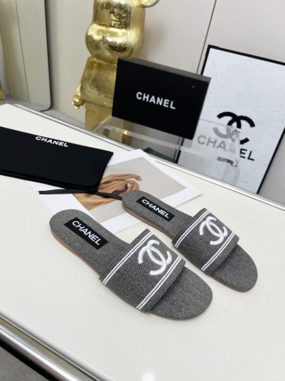 Chanel Grey New Fabric Lambskin Slippers - Image 3