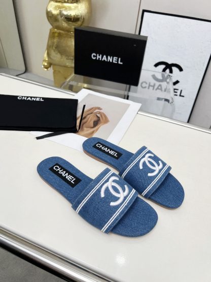 Chanel dark blue new fabric sheepskin slippers - Image 3