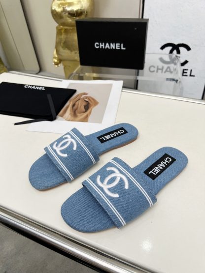 Chanel Light Blue New Fabric Sheepskin Slippers - Image 3
