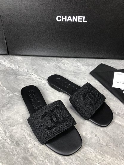 Chanel Deep Black New Fabric Sheepskin Slippers - Image 3
