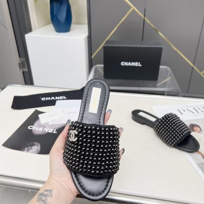 Chanel Spring/Summer Black Dance Shoes Collection Sewn Pearl Vintage Slippers - Image 3